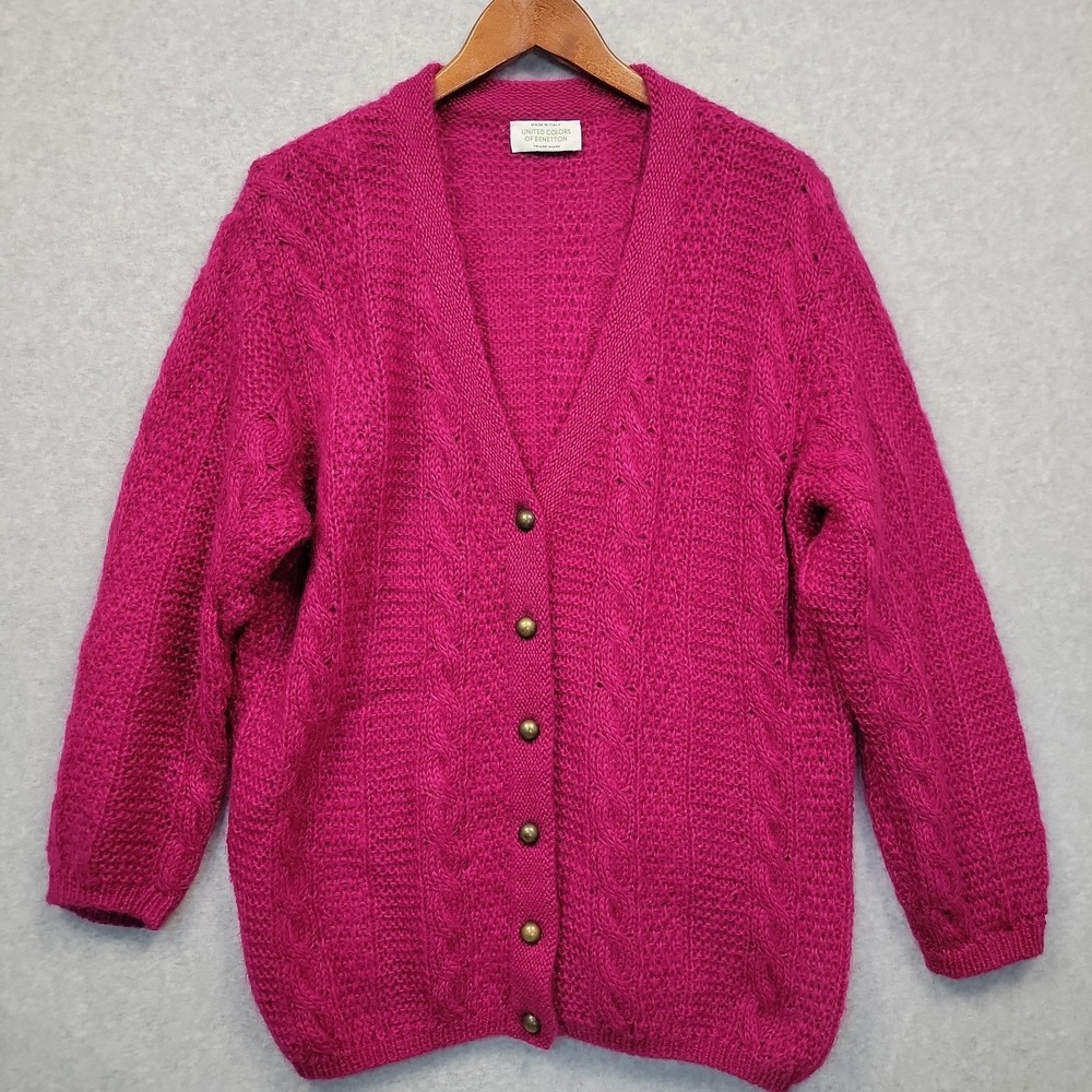 United Colors of Benetton Cardigan Sweater M Magenta Mohair Chunky Grunge Italy